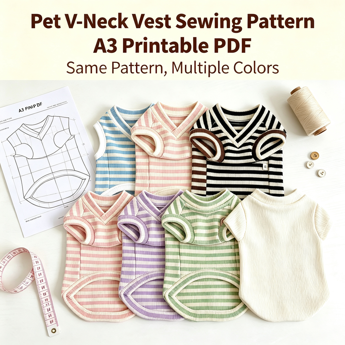 Pet V-Neck Vest Sewing Pattern, A3 Printable PDF with Full Sewing Tutorial, 7 Sizes (S–4XL) for Dogs & Cats