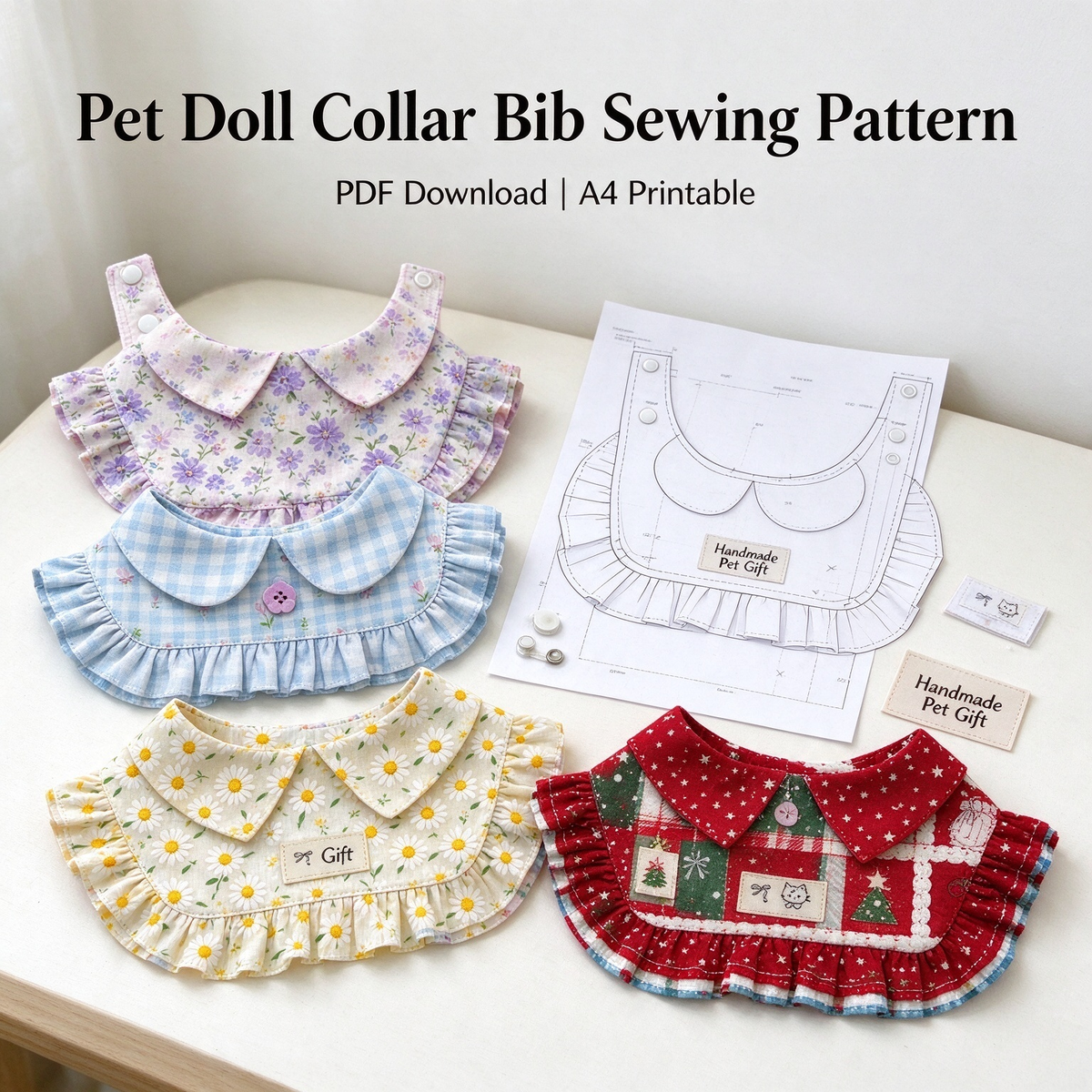 Peter Pan Collar Ruffle Pet Bib Sewing Pattern PDF | A4 Printable | 10 Sizes XXS-5XL | Step-by-Step Sewing Tutorial