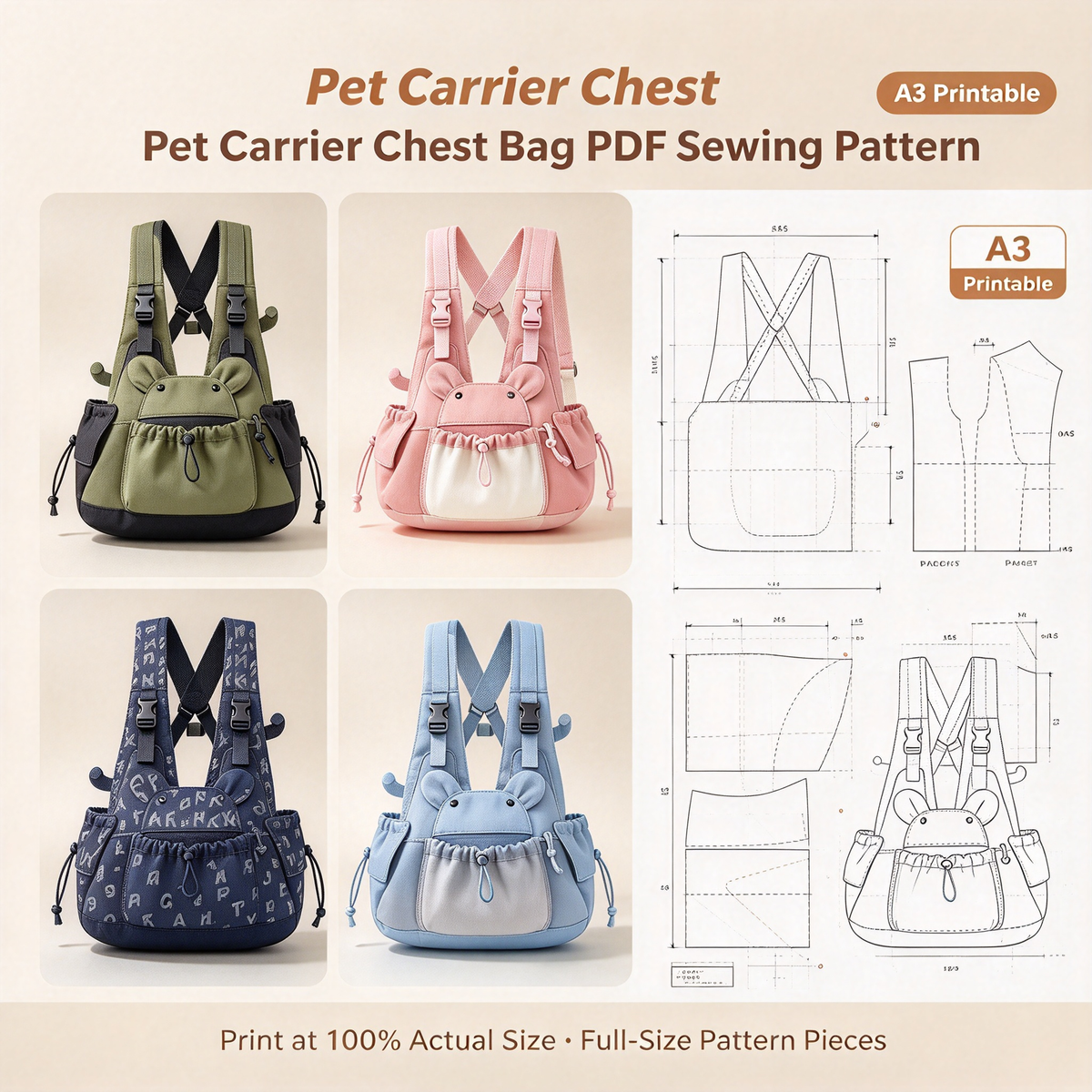 7 Styles Pet Bed Bundle PDF Sewing Patterns | A3 Printable DIY Pet Carrier, Backpack, Sofa & Cave Nest Templates for Small Cats & Dogs Up to 16.5 lbs