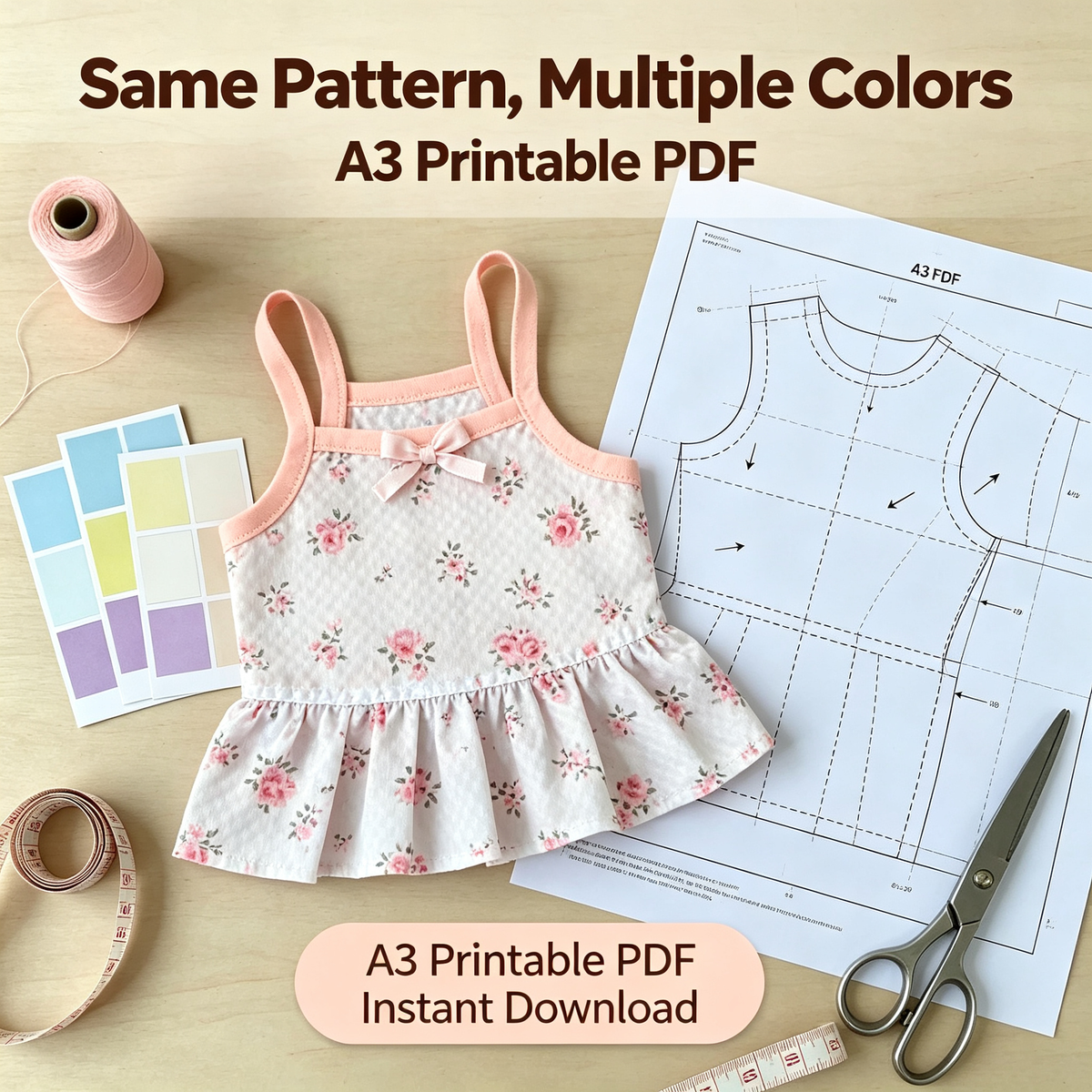 Pet Halter Dress Sewing Pattern with Step-by-Step Tutorial | A3 Printable PDF | Sizes S-4XL | Dog Cat Summer Ruffle Dress | Instant Download