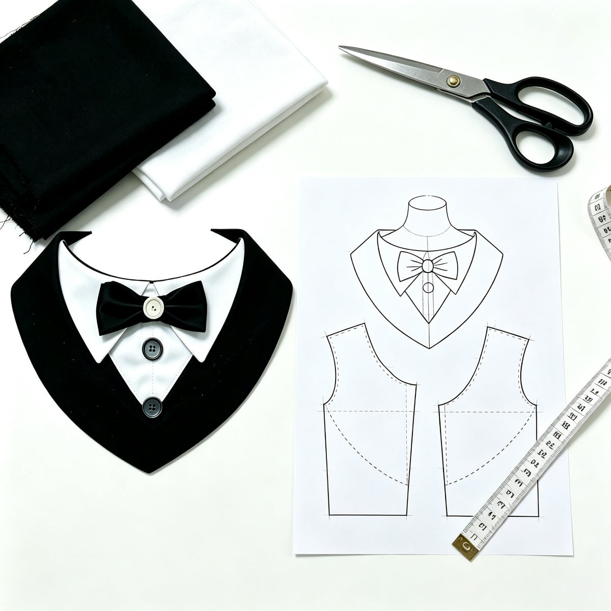 Pet Tuxedo Bib Sewing Pattern PDF – Bow Tie Collar Neck Cover for Cats & Dogs, 10 Sizes XS–6XL, A4 Digital Download