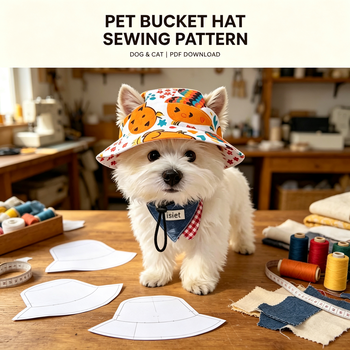 Pet Bucket Hat Sewing Pattern PDF with Sewing Tutorial & Guide — Erect-Ear & Floppy-Ear Styles | 9 Sizes (S–6XL) for Cats & Dogs