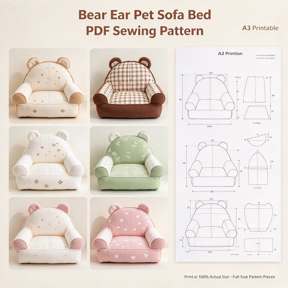7 Styles Pet Bed Bundle PDF Sewing Patterns | A3 Printable DIY Pet Carrier, Backpack, Sofa & Cave Nest Templates for Small Cats & Dogs Up to 16.5 lbs