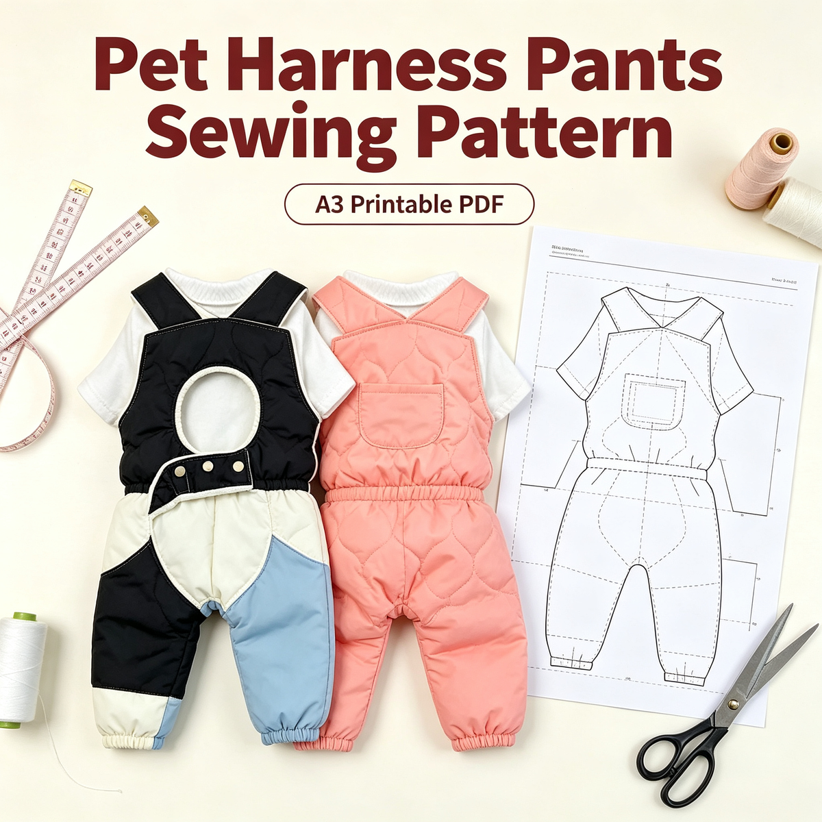 Pet Quilted Padded Overalls Sewing Pattern with Video Tutorial | A3 Printable PDF | 7 Sizes S-4XL | Dog Cat Winter Sling Jumpsuit