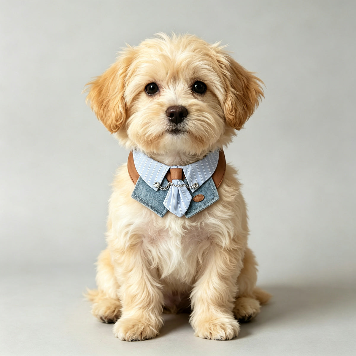 Gentleman Pet Bandana Bib with Bow Tie – Striped Shirt Collar & Denim Drool Bib for Small to Medium Dogs and Cats (XS–XL), Adjustable Neck Wrap, Plush Toy Dress-Up Accessory