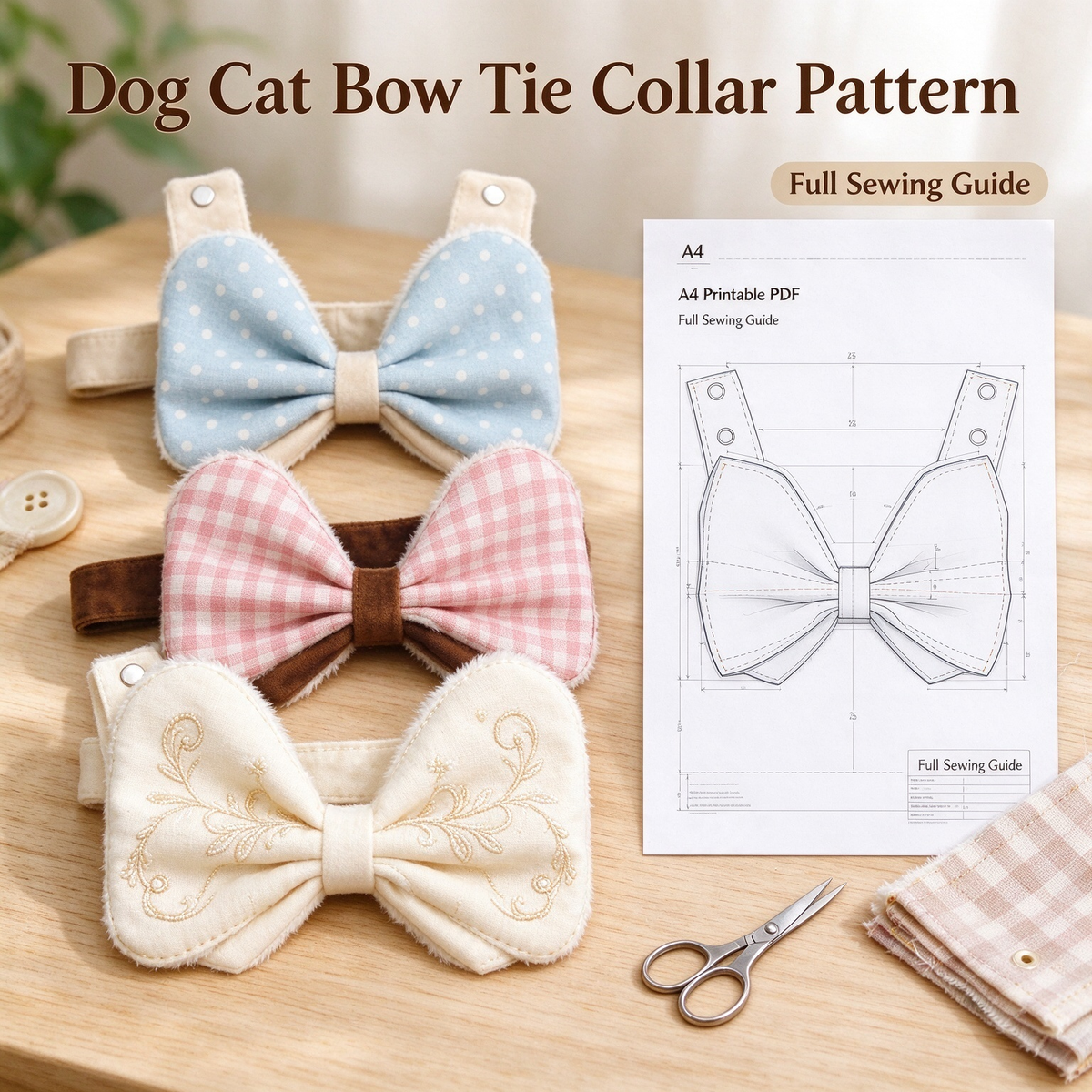 Bone Bow Tie Pet Bib Sewing Pattern PDF | A4 Printable | 10 Sizes XXS-5XL | Step-by-Step Sewing Tutorial