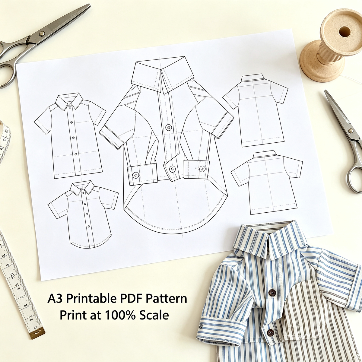 Pet Button-Down Shirt Sewing Pattern with Video Tutorial | A3 Printable PDF | 7 Sizes S-4XL | Dog Cat Formal Casual Shirt