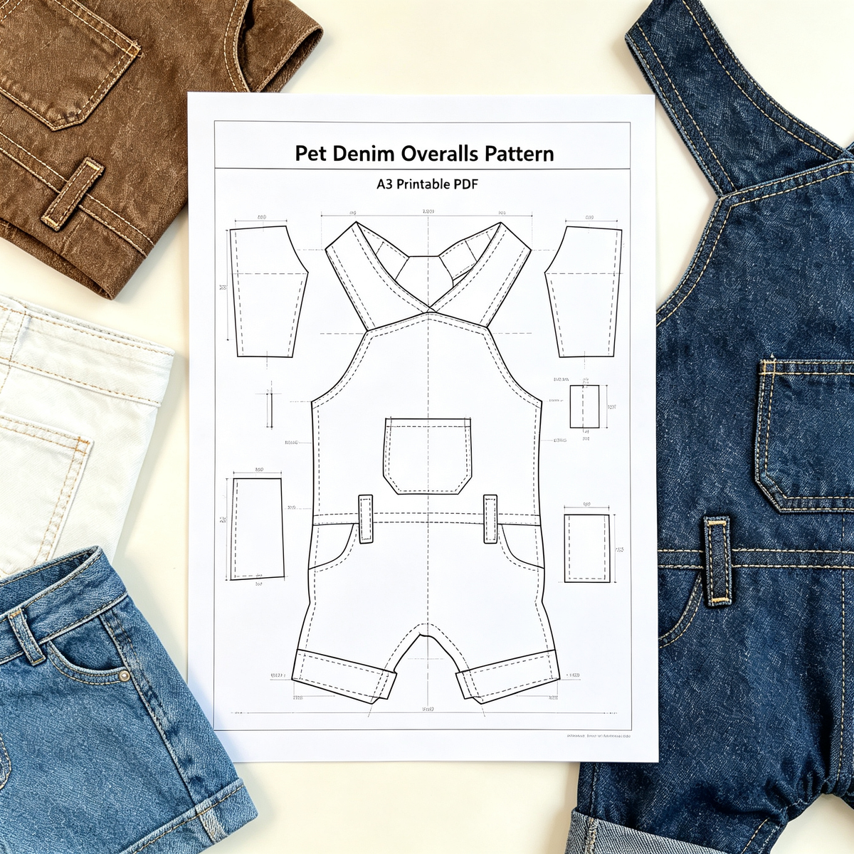 Pet Denim Overalls Sewing Pattern with Video Tutorial | A3 Printable PDF | 7 Sizes S-4XL | Dog Cat Cross-Back Jumpsuit