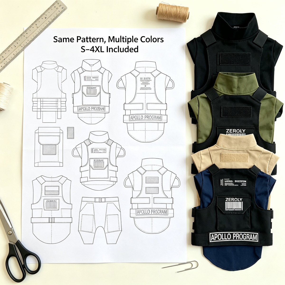 Pet Tactical Vest Harness Sewing Pattern with Video Tutorial | A3 Printable PDF | 7 Sizes S-4XL | Military Style Dog Cat Utility Vest