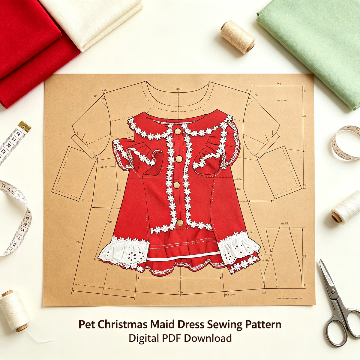 Pet Puff Sleeve Dress Sewing Pattern with Video Tutorial | A3 Printable | 7 Sizes (S-4XL) | Dog Cat Ruffled Dress Digital PDF