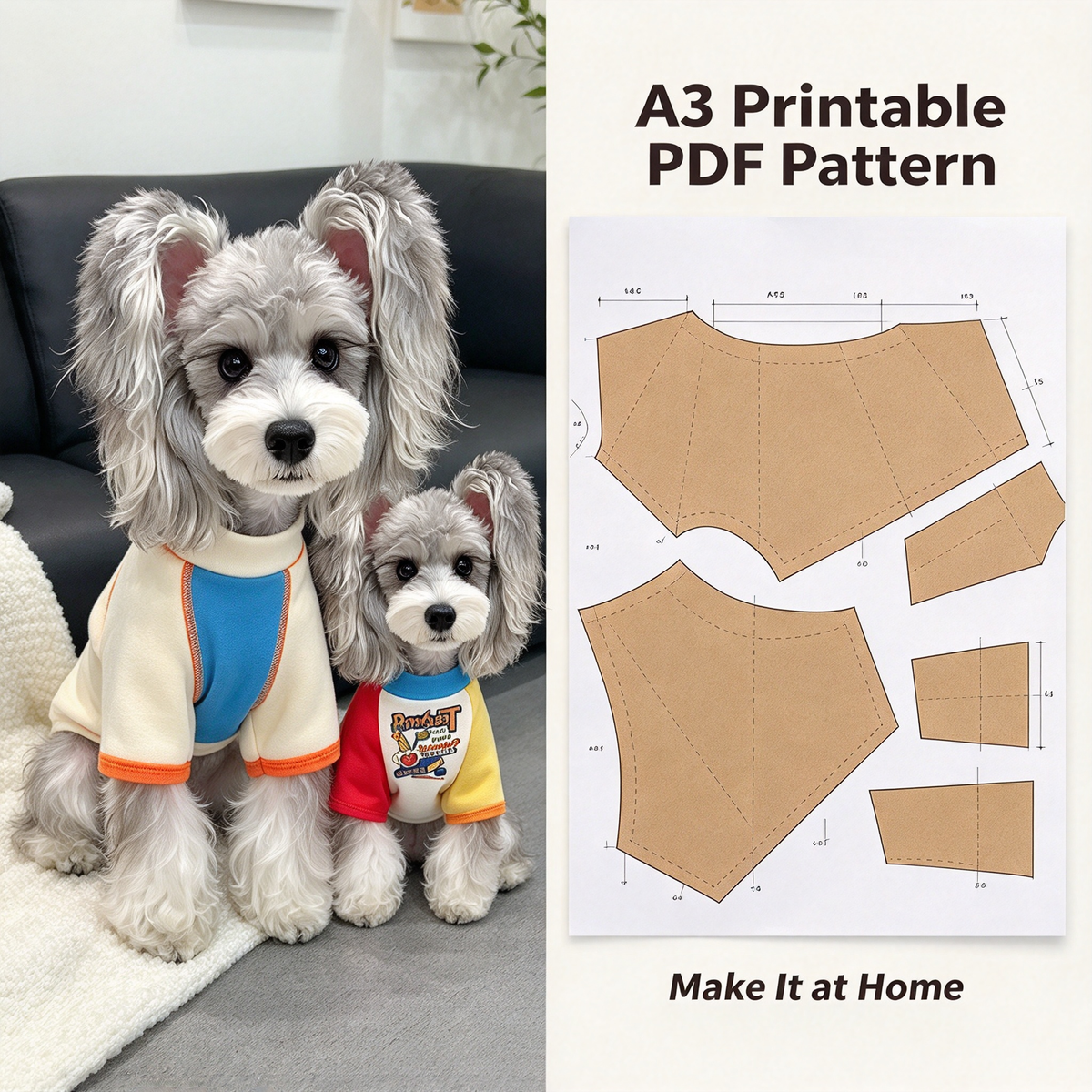 Pet Raglan Bodysuit Sewing Pattern with Video Tutorial | A3 Printable PDF | 7 Sizes S-4XL | Dog Cat Four-Leg Jumpsuit