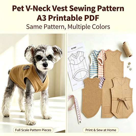 Pet V-Neck Vest Sewing Pattern, A3 Printable PDF with Full Sewing Tutorial, 7 Sizes (S–4XL) for Dogs & Cats