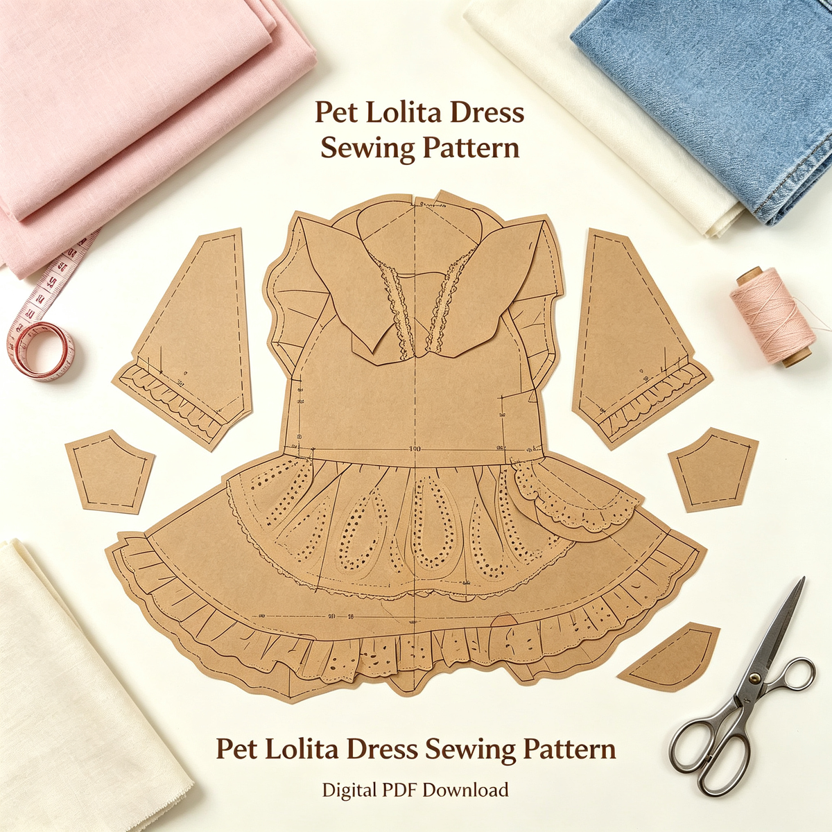 Pet Ruffled Maid Dress Sewing Pattern + Video Tutorial | 7 Sizes S-4XL | A3 Printable PDF for Dogs & Cats