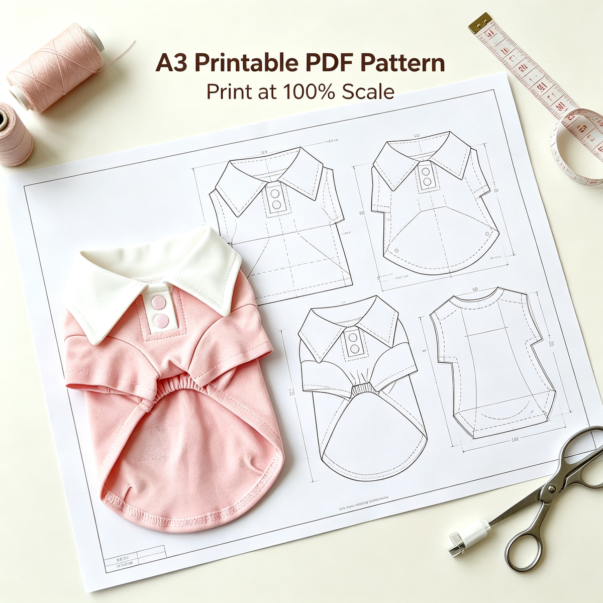 Pet Polo Shirt Sewing Pattern with Video Tutorial | A3 Printable | 7 Sizes (S-4XL) | Dog Cat Casual Top Digital PDF