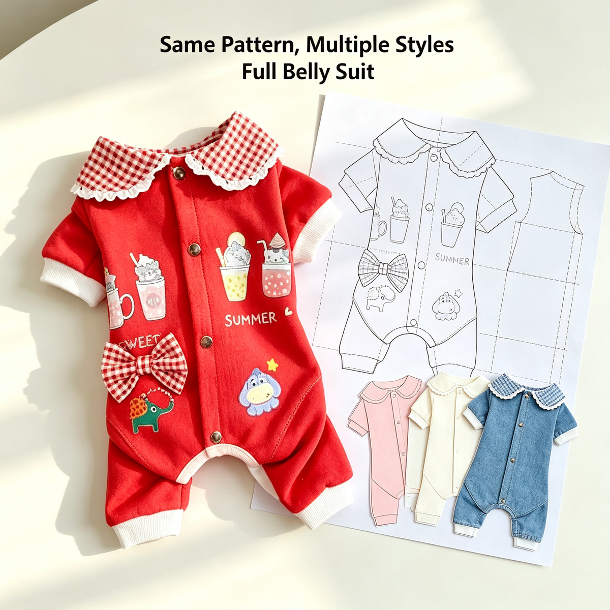 Pet Four-Leg Full Belly Jumpsuit Sewing Pattern with Video Tutorial | A3 Printable | 7 Sizes (S-4XL) | Dog Cat Onesies Digital PDF