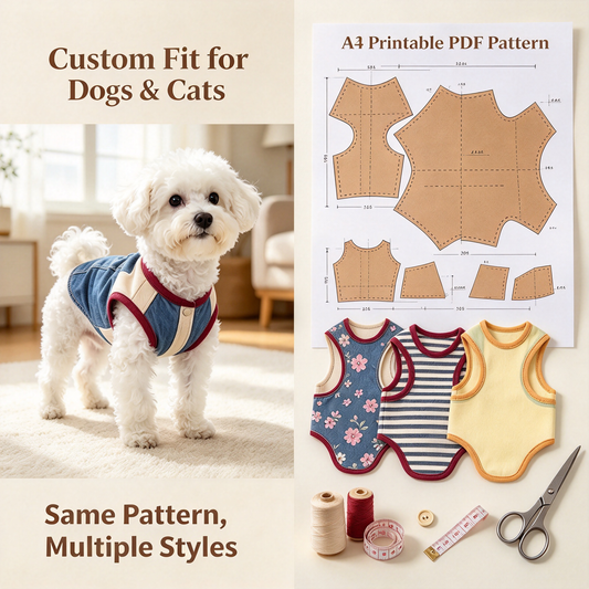 DIY Pet Jumpsuit Vest Sewing Pattern & Full Video Tutorial | 7 Sizes S to 4XL | A3 Format Instant Download