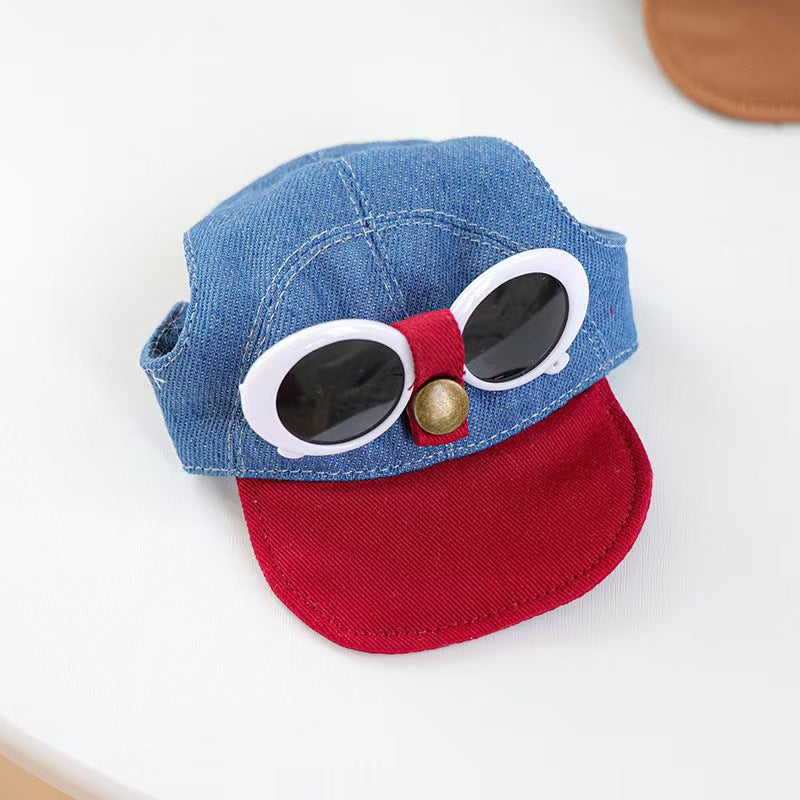 Pet Denim Baseball Cap with Attached Sunglasses — 2 Styles (Leopard & White Frame), Sizes S–M (Head 8–14 in), Adjustable Strap, Cute Photo Prop for Dogs & Cats