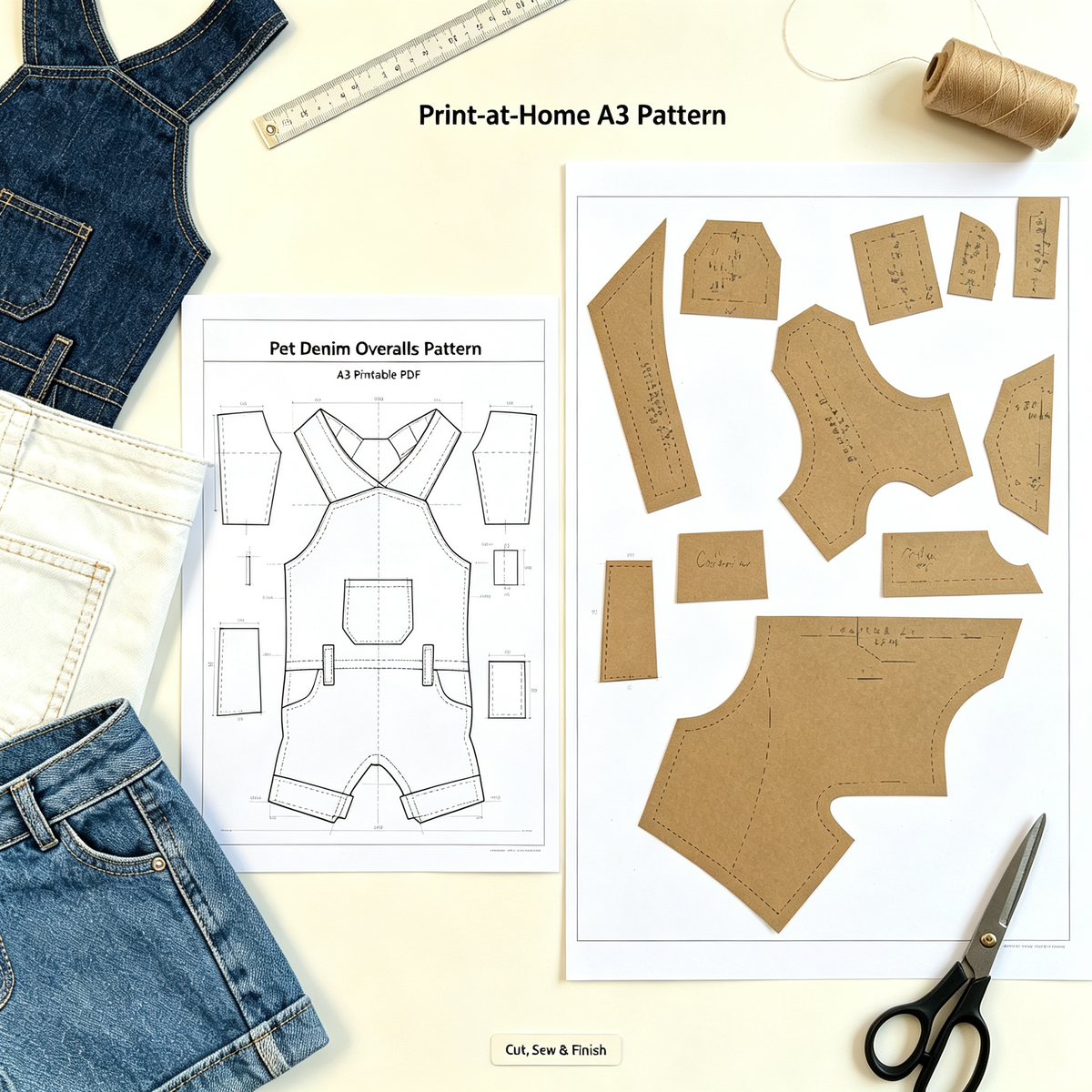 Pet Denim Overalls Sewing Pattern with Video Tutorial | A3 Printable PDF | 7 Sizes S-4XL | Dog Cat Cross-Back Jumpsuit
