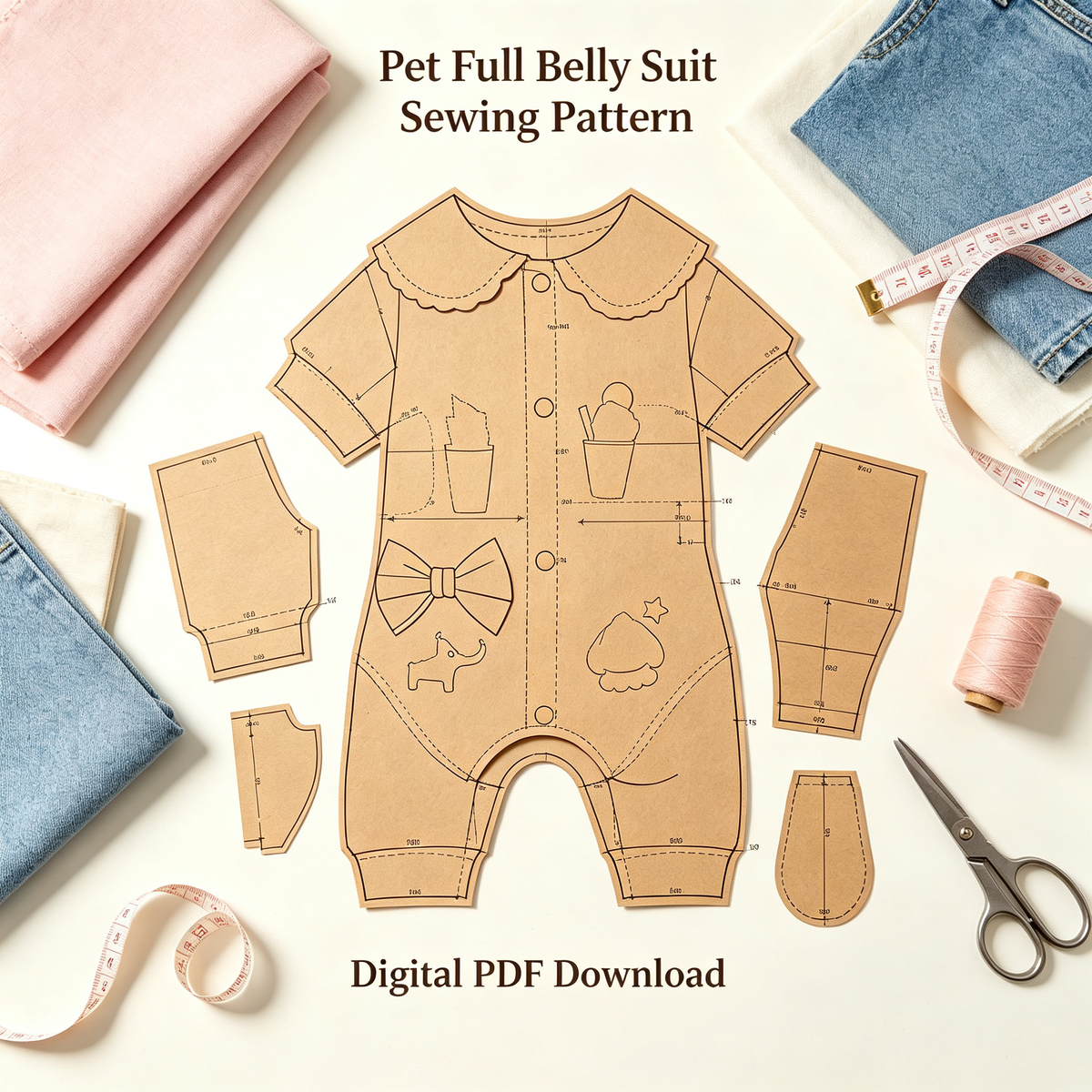 Pet Four-Leg Full Belly Jumpsuit Sewing Pattern with Video Tutorial | A3 Printable | 7 Sizes (S-4XL) | Dog Cat Onesies Digital PDF