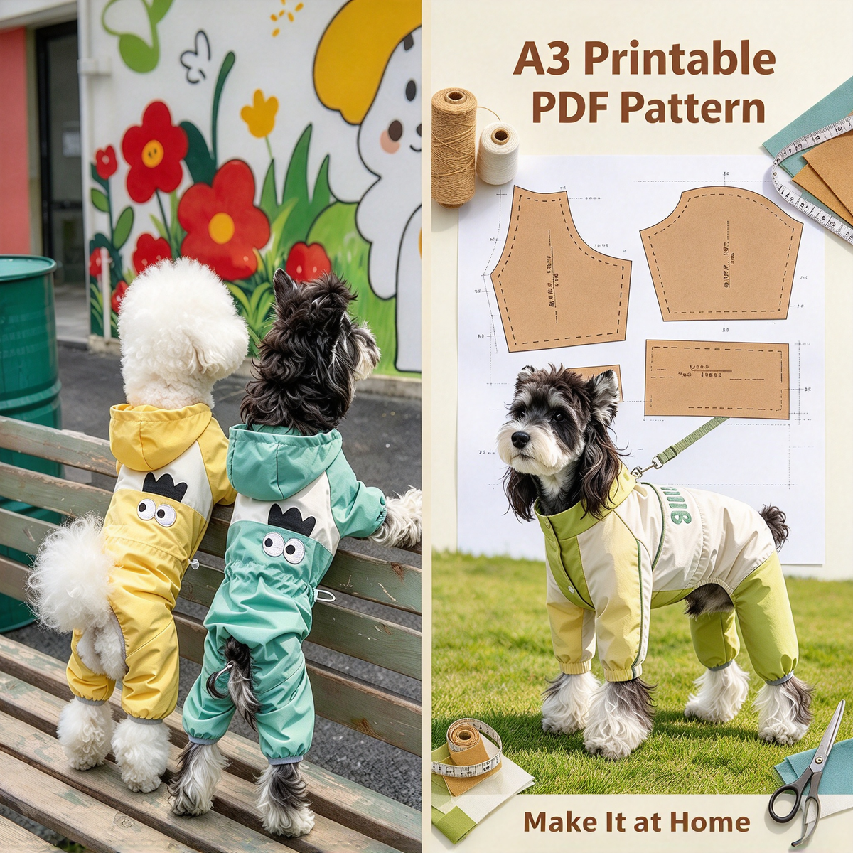 Dog Cat Full-Body Raincoat Onesie Sewing Pattern with Video Tutorial | A3 Printable | 7 Sizes (S-4XL) | Pet Waterproof Jumpsuit Digital PDF