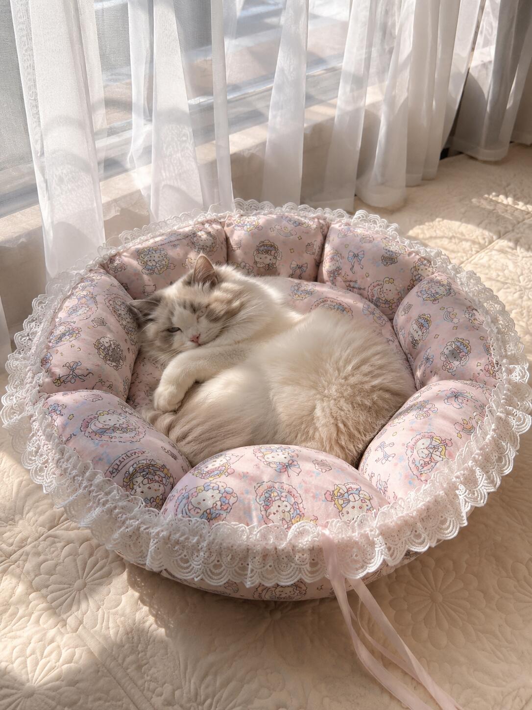 Lace Round Flower Pet Bed Sewing Pattern S-XL | A4 Printable PDF Sewing Tutorial, Cute Donut Cat Bed Digital Sewing Pattern