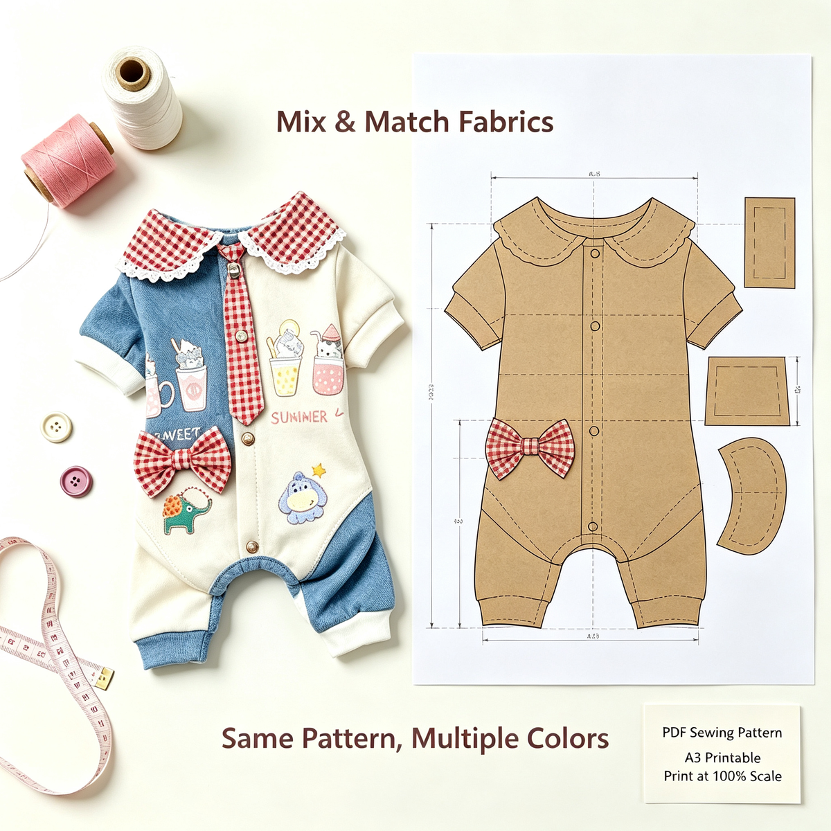 Pet Four-Leg Full Belly Jumpsuit Sewing Pattern with Video Tutorial | A3 Printable | 7 Sizes (S-4XL) | Dog Cat Onesies Digital PDF