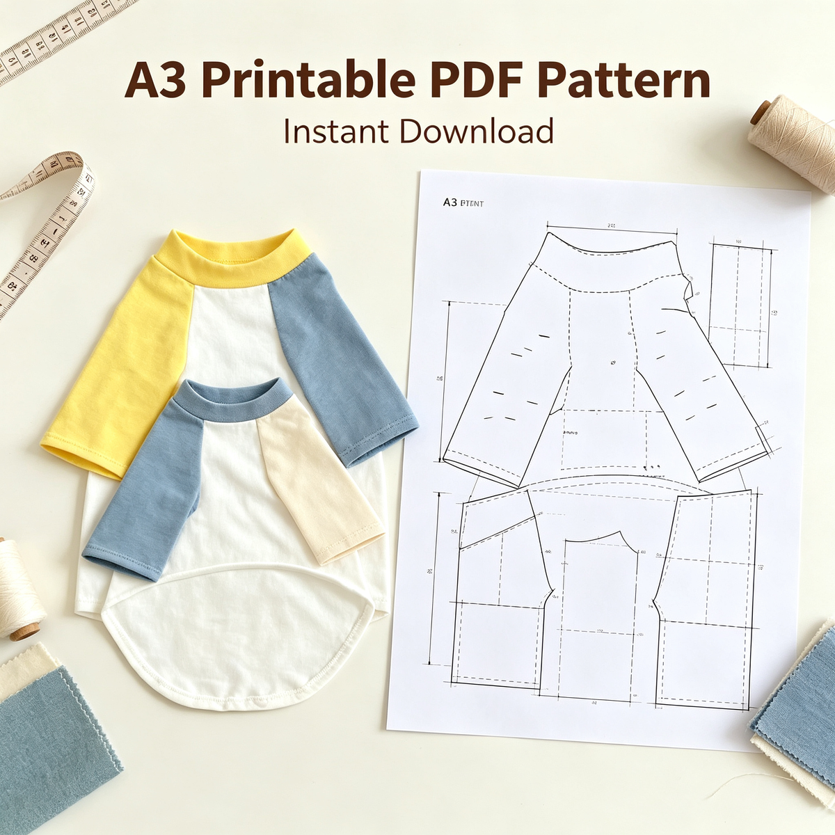 Pet Raglan T-Shirt Sewing Pattern with Video Tutorial | A3 Printable PDF | 7 Sizes S-4XL | Dog Cat Short Sleeve Casual Top