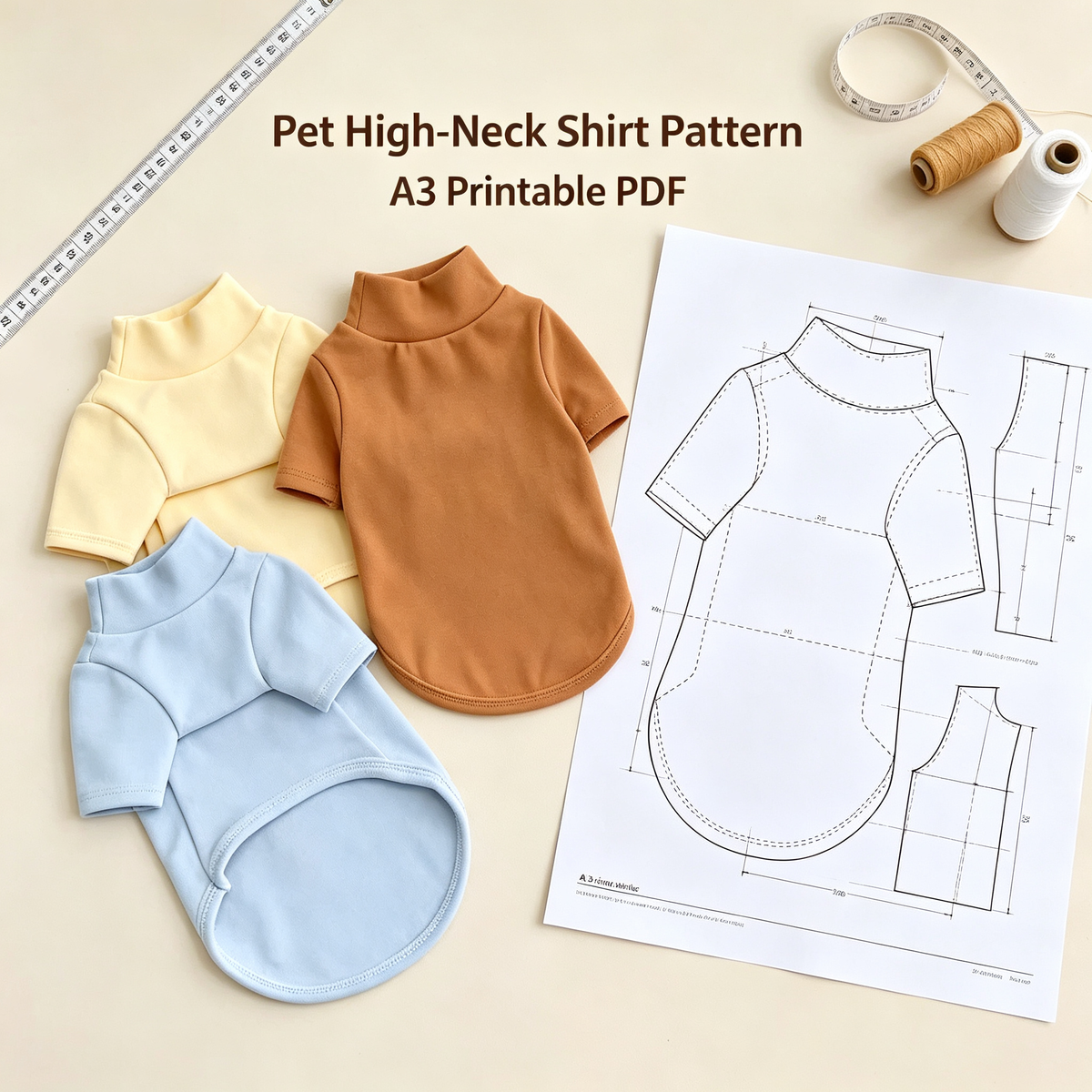Pet Turtleneck Base Shirt Sewing Pattern with Video Tutorial | A3 Printable PDF | 7 Sizes S-4XL | Dog Cat Thermal Top Undershirt .