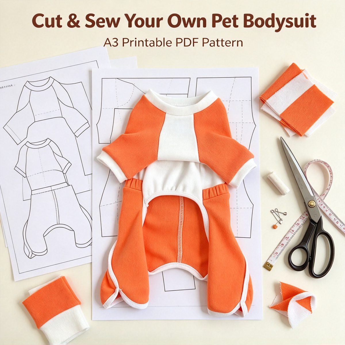 Pet Raglan Bodysuit Sewing Pattern with Video Tutorial | A3 Printable PDF | 7 Sizes S-4XL | Dog Cat Four-Leg Jumpsuit