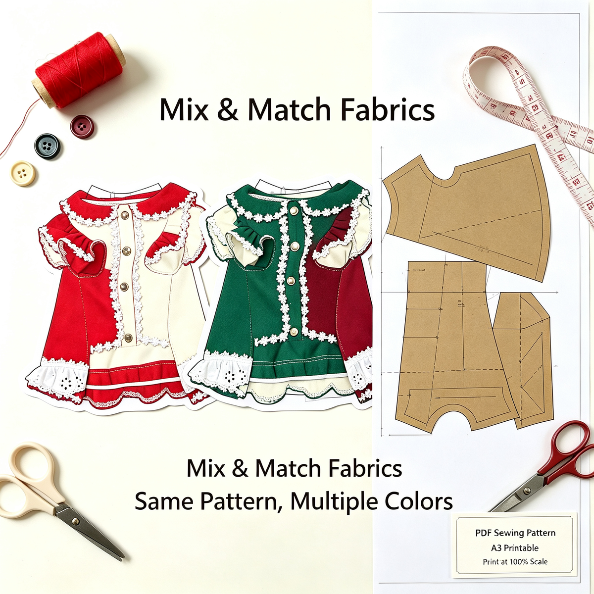 Pet Puff Sleeve Dress Sewing Pattern with Video Tutorial | A3 Printable | 7 Sizes (S-4XL) | Dog Cat Ruffled Dress Digital PDF