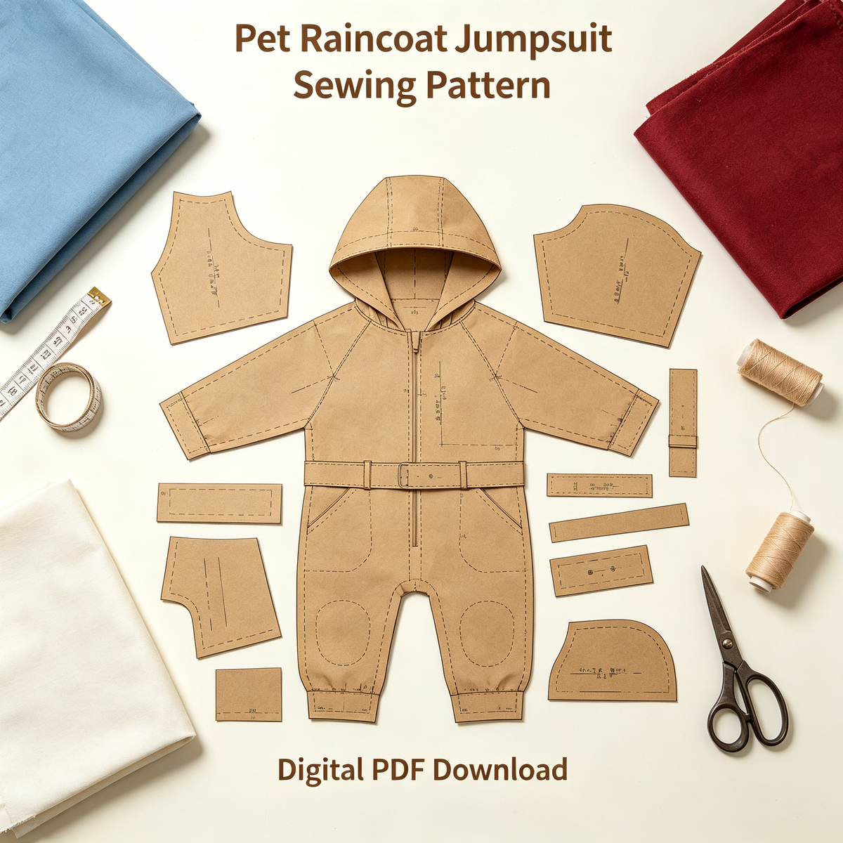 Dog Cat Full-Body Raincoat Onesie Sewing Pattern with Video Tutorial | A3 Printable | 7 Sizes (S-4XL) | Pet Waterproof Jumpsuit Digital PDF