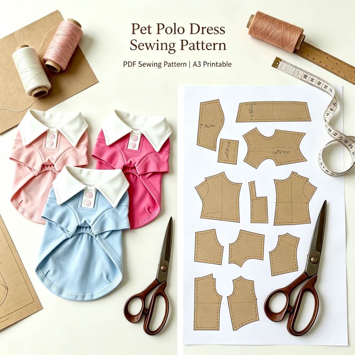 Pet Polo Shirt Sewing Pattern with Video Tutorial | A3 Printable | 7 Sizes (S-4XL) | Dog Cat Casual Top Digital PDF