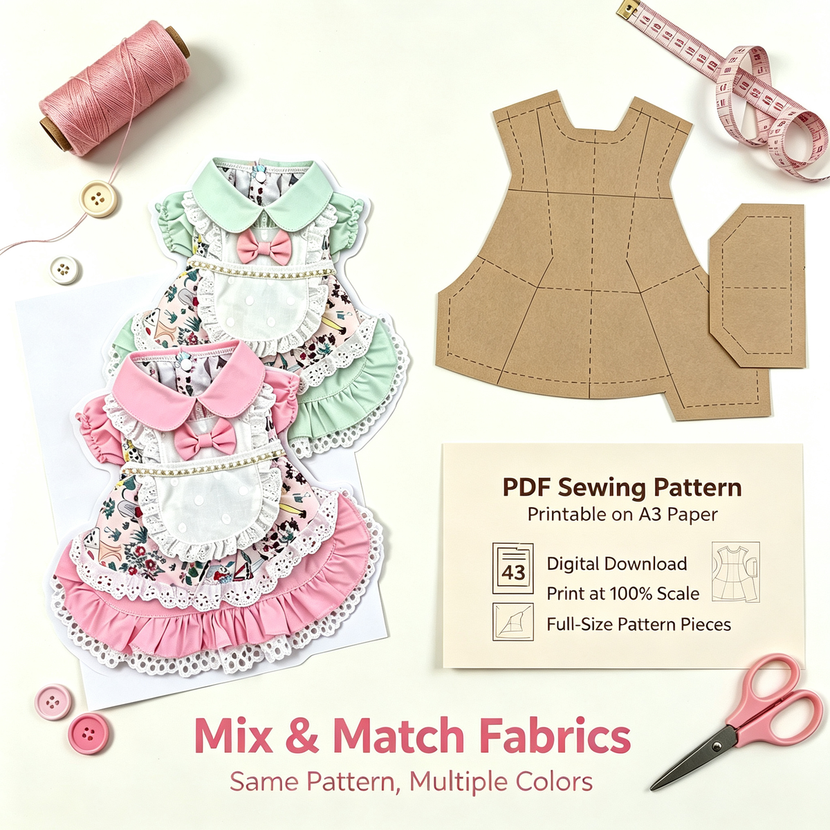 Pet Lolita Princess Dress Sewing Pattern with Video Tutorial | A3 Printable | 7 Sizes (S-4XL) | Dog Cat Ruffled Dress Digital PDF