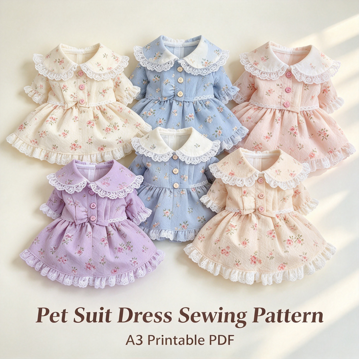 Pet Doll Collar Dress Sewing Pattern with Step-by-Step Tutorial | A3 Printable PDF | Sizes S-4XL | Dog Cat Floral Lace Outfit