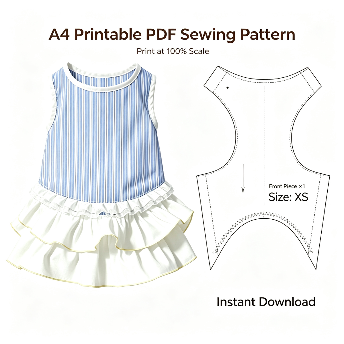 Striped Ruffle Pet Dress Sewing Pattern PDF | Dog Dress with Layered Ruffle Skirt | Sizes XS to 5XL | Fits Chest 12.5"–35.5" | A4 Printable | Printable Instant Download