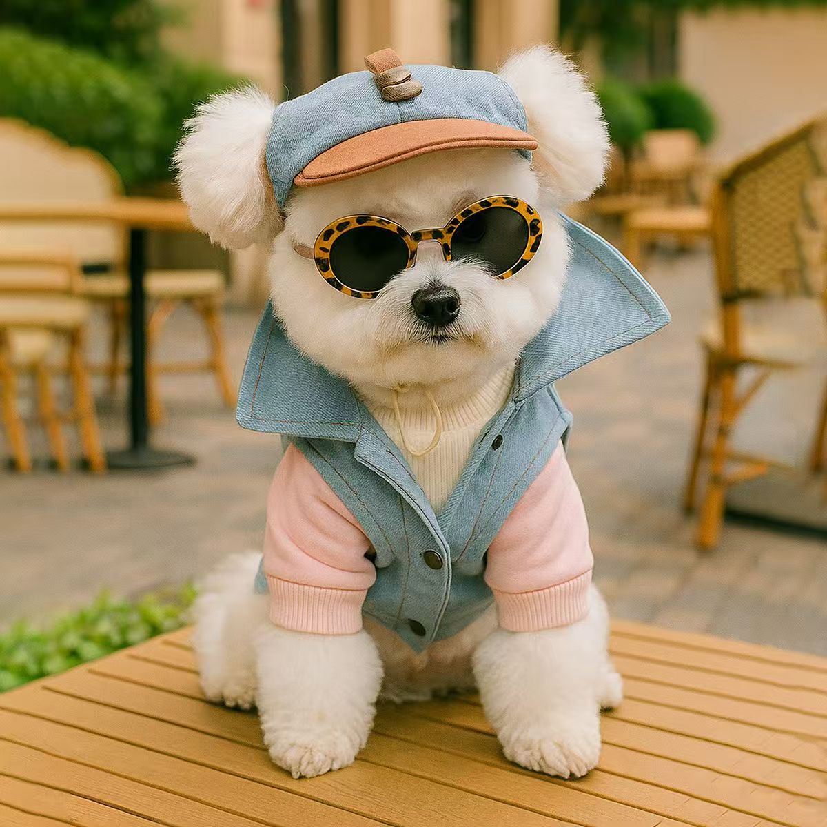 Pet Denim Baseball Cap with Attached Sunglasses — 2 Styles (Leopard & White Frame), Sizes S–M (Head 8–14 in), Adjustable Strap, Cute Photo Prop for Dogs & Cats