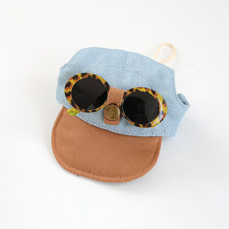 Pet Denim Baseball Cap with Attached Sunglasses — 2 Styles (Leopard & White Frame), Sizes S–M (Head 8–14 in), Adjustable Strap, Cute Photo Prop for Dogs & Cats