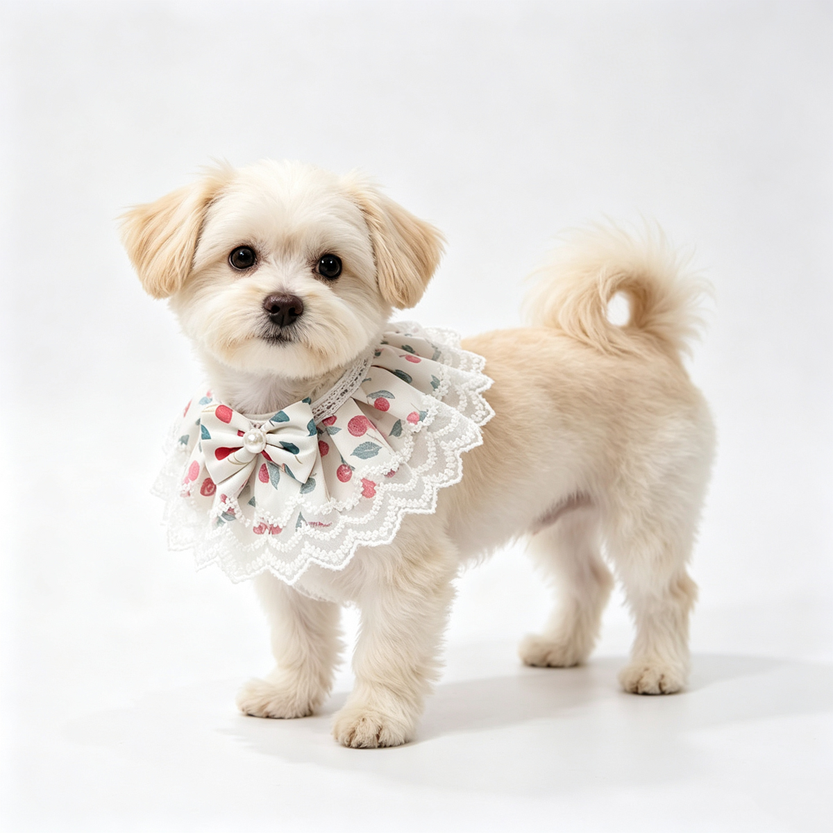 Cherry Floral Lace Pet Bib Collar, Sweet Princess Bow Pearl Decorative Pet Neck Scarf for Kitten, Puppy, Small Dog