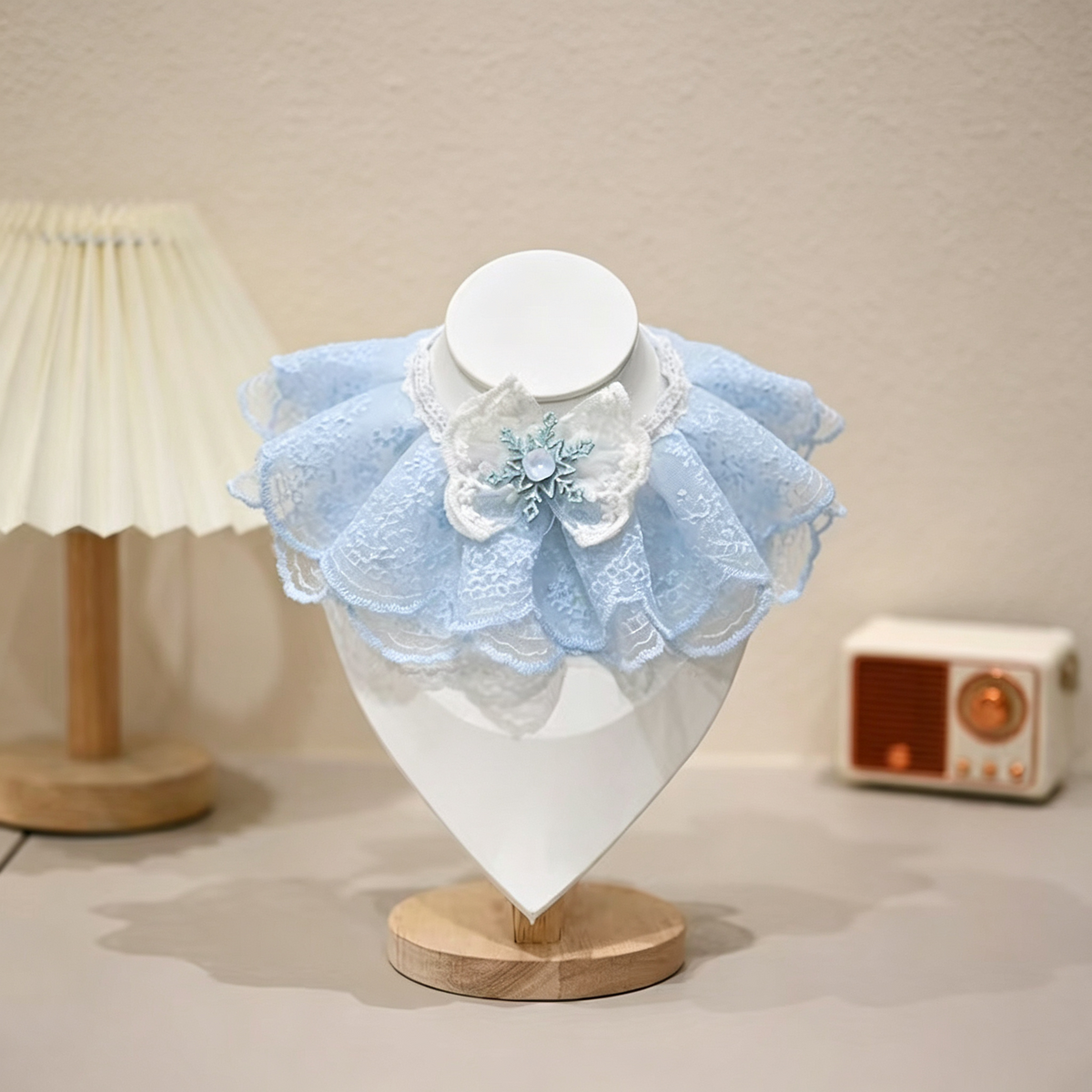 Handmade Blue Ruffled Lace Pet Bandana, Elegant Princess Flower Snowflake Pet Neck Collar for Kitten, Puppy, Small Breed Dogs