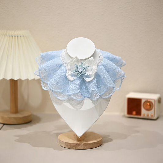 Handmade Blue Ruffled Lace Pet Bandana, Elegant Princess Flower Snowflake Pet Neck Collar for Kitten, Puppy, Small Breed Dogs