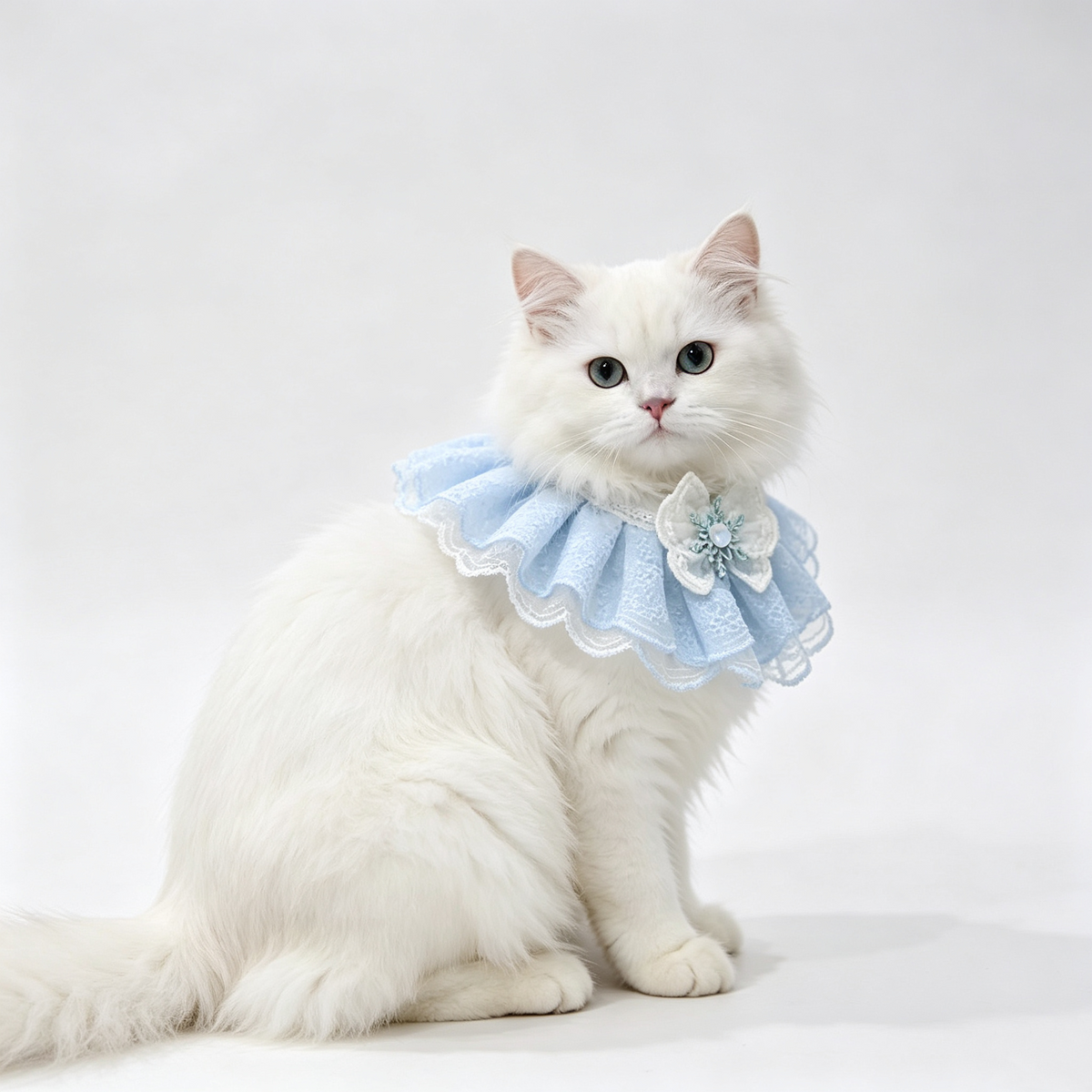 Handmade Blue Ruffled Lace Pet Bandana, Elegant Princess Flower Snowflake Pet Neck Collar for Kitten, Puppy, Small Breed Dogs
