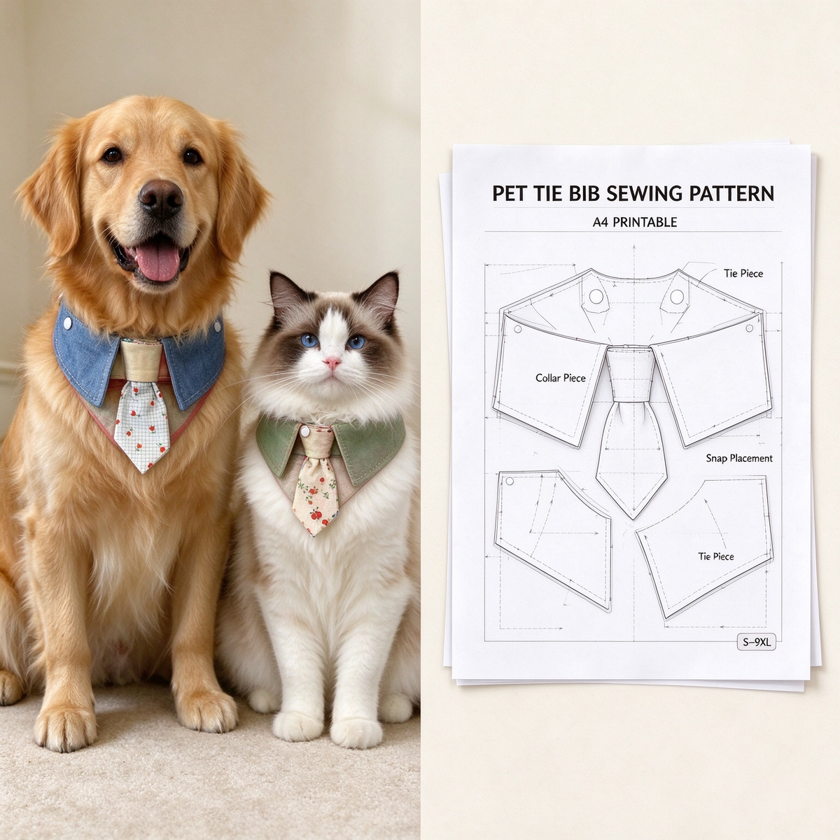 Pet Necktie Collar Bib Sewing Pattern PDF  | Dog & Cat Tie Bandana Sewing Template, S to 9XL 12 Sizes, Instant Download, Printable on A4 Paper