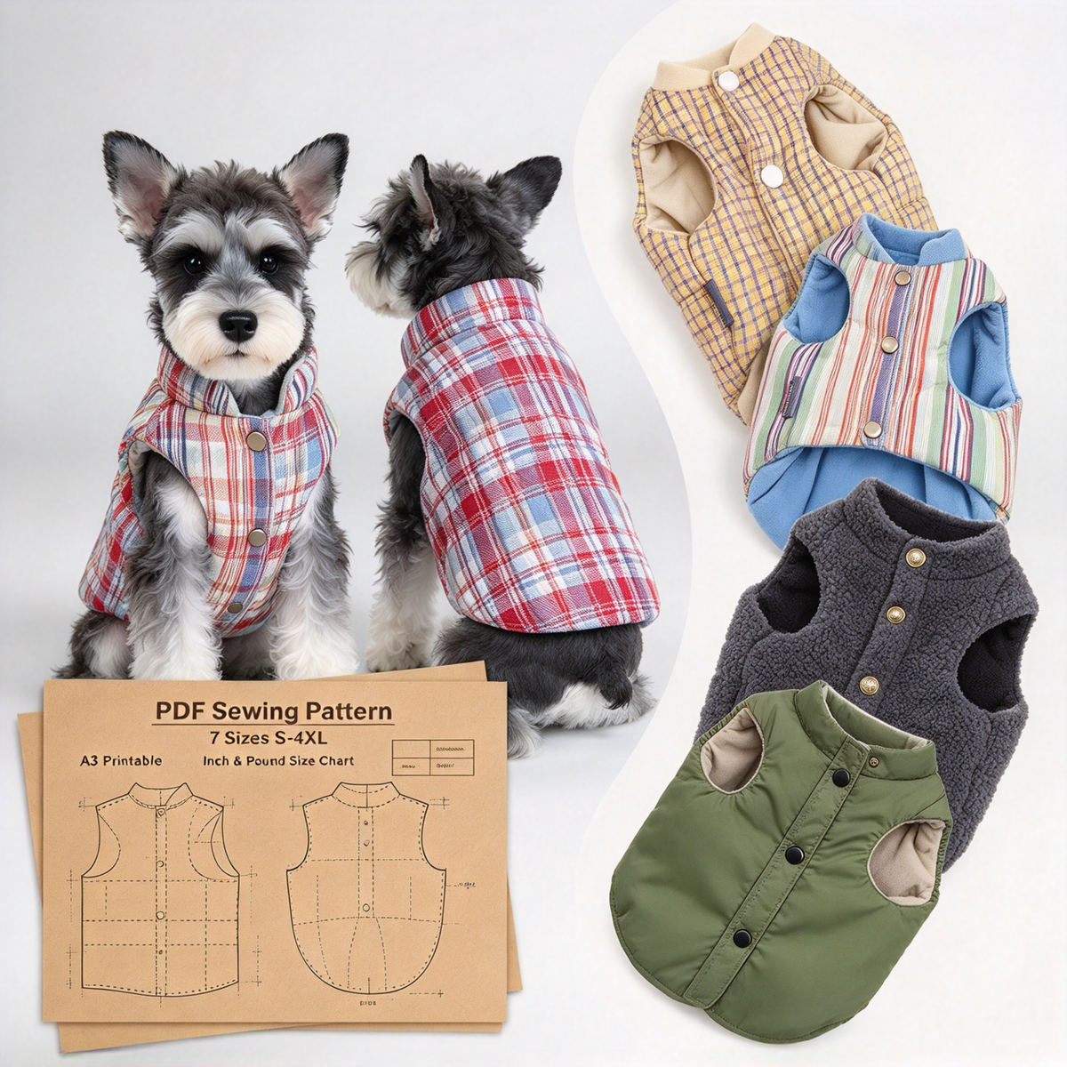 Printable PDF Sewing Pattern for Pet Vest, 7 Sizes S to 4XL, A3 Paper Printing, Full Step-by-Step Sewing Tutorial Included