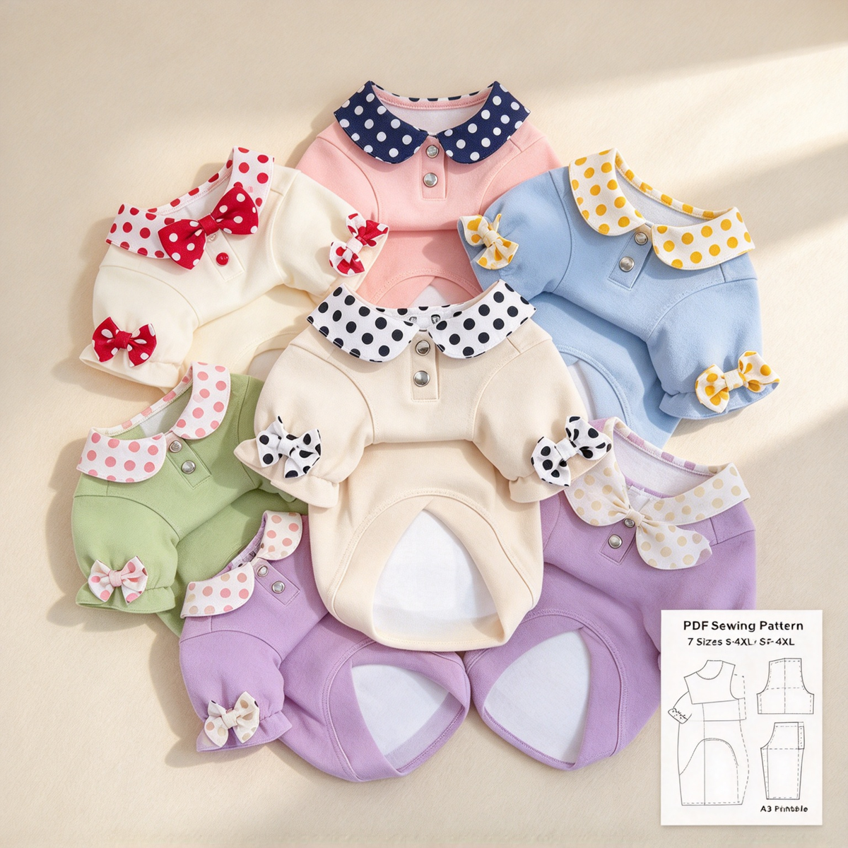 Pet Peter Pan Collar T-Shirt PDF Sewing Pattern | 7 Sizes S–XXXXL, Inch & Pound Size Chart, A3 Printable, Step-by-Step Sewing Tutorial for Dogs & Cats