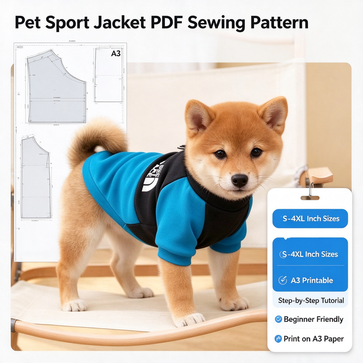 Pet Sweatshirt PDF Sewing Pattern | S-4XL Sizes, A3 Printable, Step-by-Step Sewing Tutorial, Dog Clothes Sewing Template in Inches