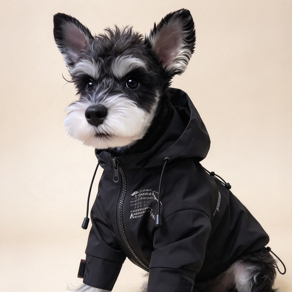 Warm waterproof dog hooded jacket for autumn & winter. Windproof pet outdoor coat with front zipper, available in XS–XXL sizes, measured in inches. Perfect for small dogs like Schnauzer, great for walking & outdoor adventures.