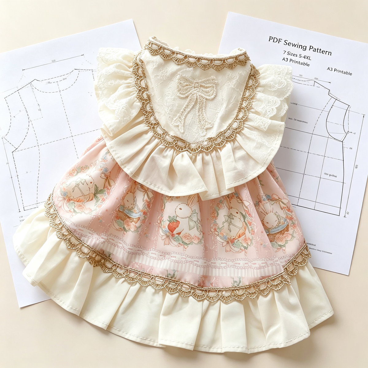 Pet Princess Dress & Bib PDF Sewing Pattern for Dogs & Cats | 7 Sizes S-4XL, Inch & Pound Size Chart, A3 Printable, Step-by-Step Sewing Tutorial, Lace Ruffle Pet Outfit Template