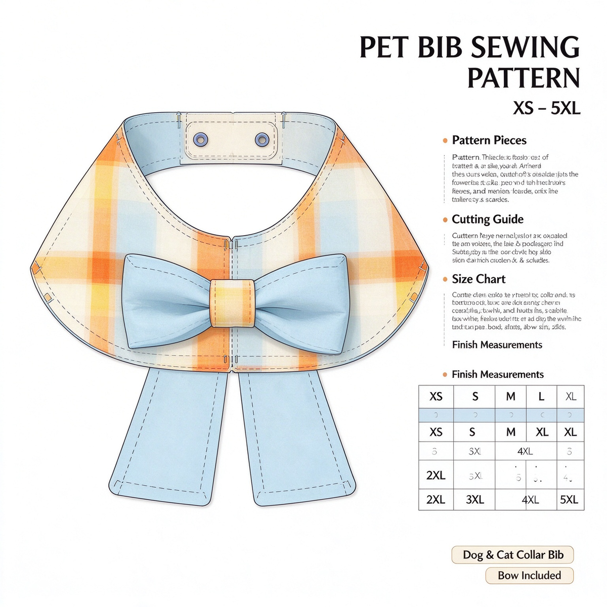 Pet Bow Tie Cape Bib Sewing Pattern PDF with Sewing Tutorial | Dog & Cat Bandana Collar Sewing Template, XS to 5XL Multi Sizes, Instant Download Printable Sewing Pattern