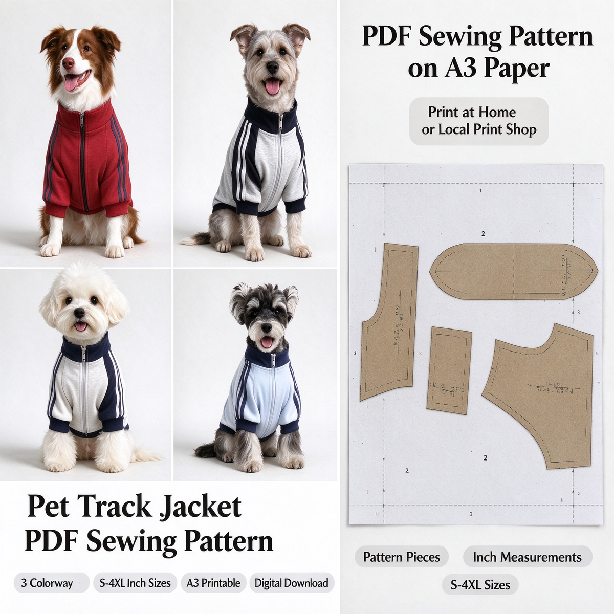 Pet School Uniform Sweatshirt PDF Sewing Pattern | S-4XL Inch Sizes, A3 Printable, Step-by-Step Sewing Tutorial, Digital Dog Coat Pattern