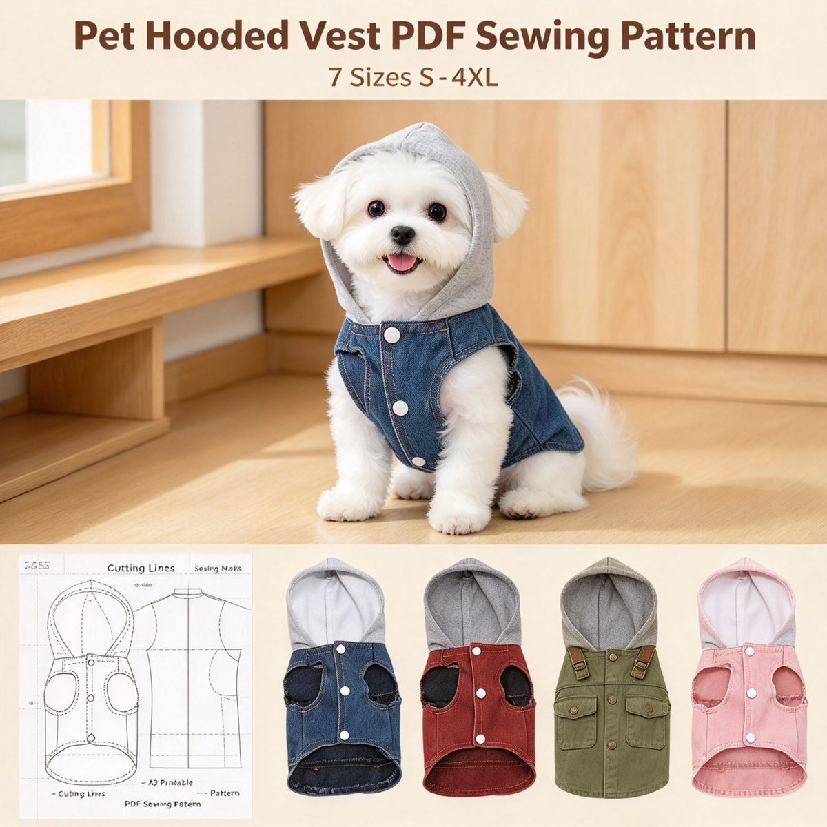 Printable PDF Sewing Pattern for Hooded Denim Pet Vest, 7 Sizes S to 4XL, A3 Paper Printing, Full Step-by-Step Sewing Tutorial Included